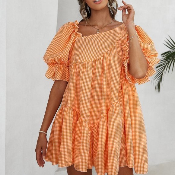 . Dresses & Skirts - Multicolor Boho Womens Gingham Puff Sleeve Smock Dress